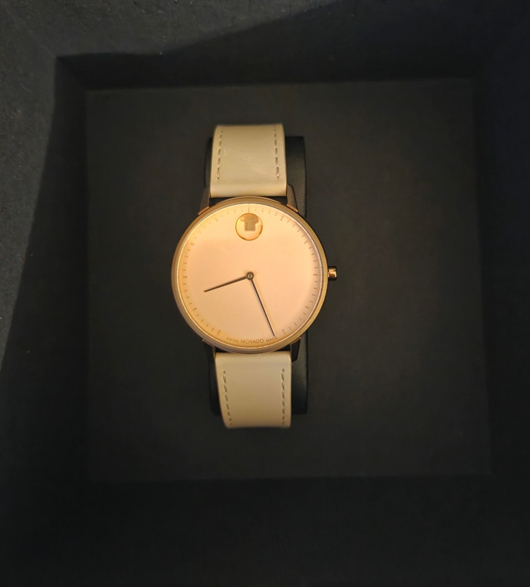 Movado Face | 41mm Rose Gold Stainless Steel Case, Ivory Dial, Leather strap