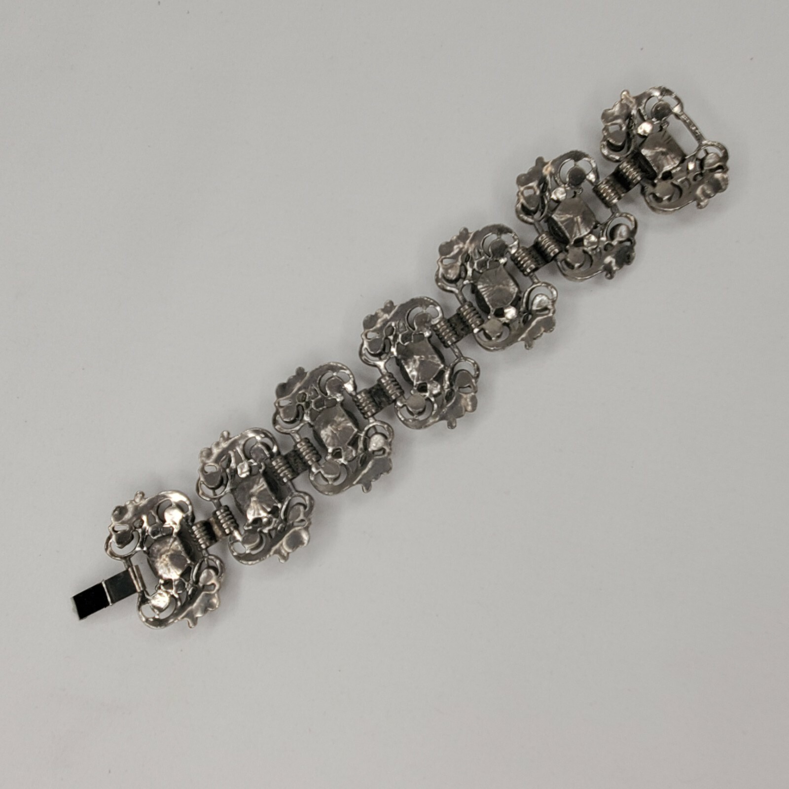 Vintage Panel Bracelet Silver Tone Faux Pearl Citrine Stones Chunky