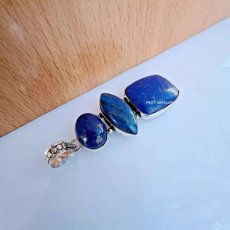 Natural Lapis Lazuli Pendant 925 Sterling Silver Large Antique Handmade Necklace