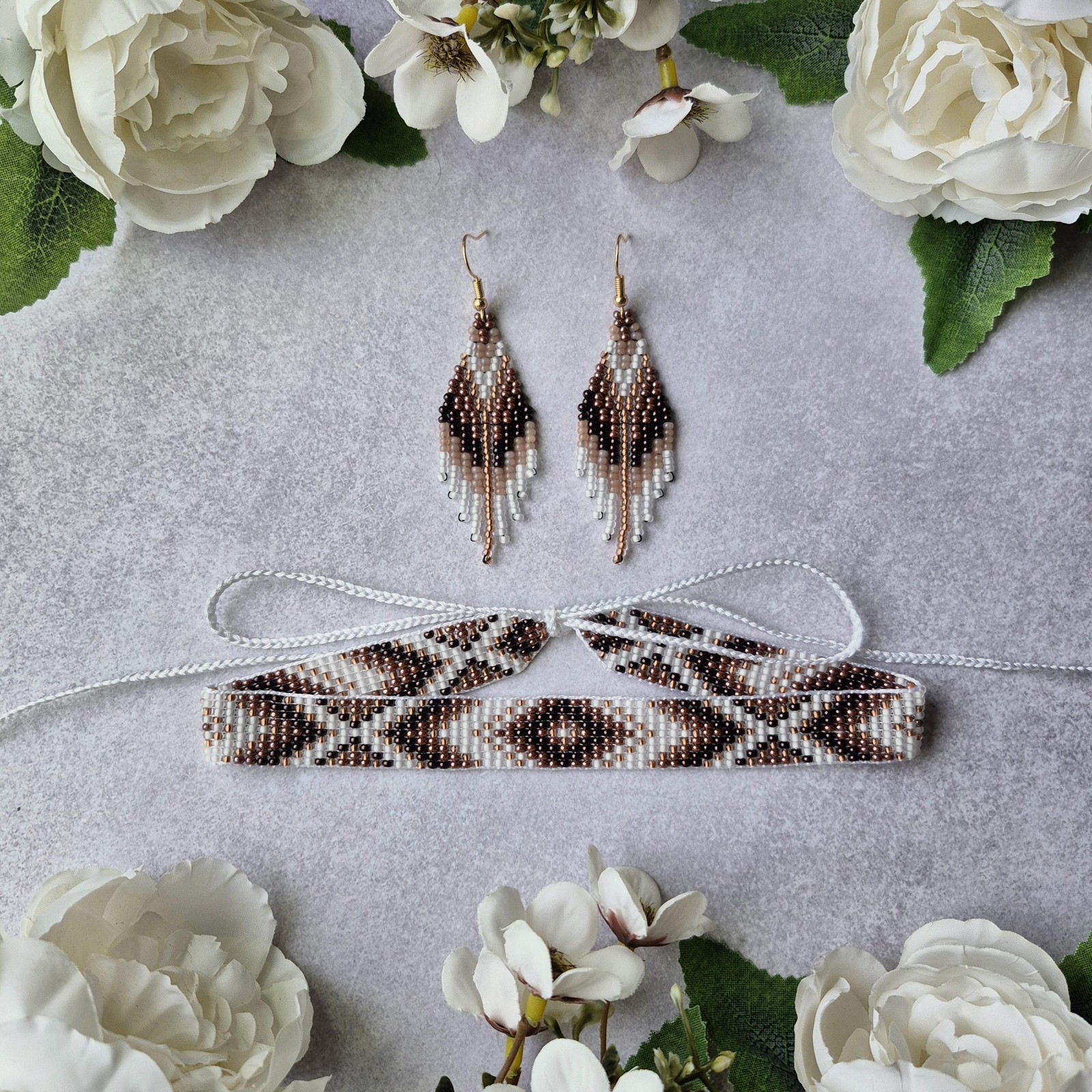 Brown and Gold Ukrainian Beaded Jewelry Set – Handmade Choker Necklace & Fringe