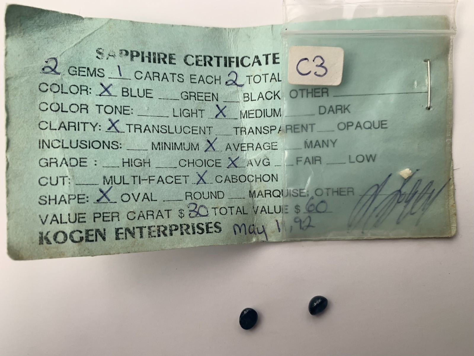 Estate Natural Blue Sapphire Loose Gemstones, Certification Certificate 2k 1992