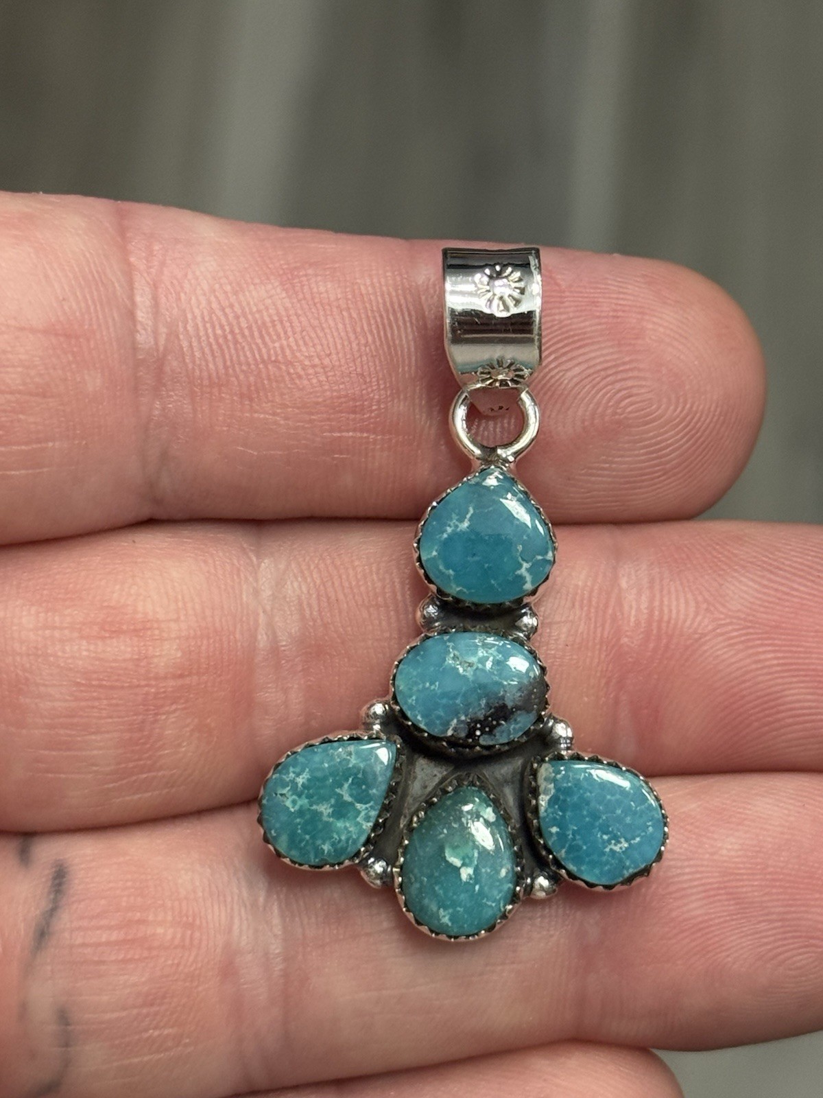 STERLING SILVER WHITE WATER TURQUOISE 5 STONE MIX SHAPE CLUSTER PENDANT .925