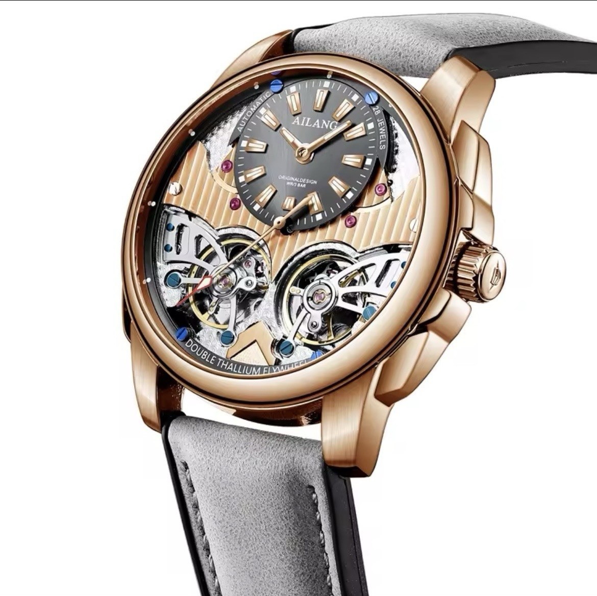 AILANG Men’s Automatic Watch Double Tourbillon Leather Strap Waterproof