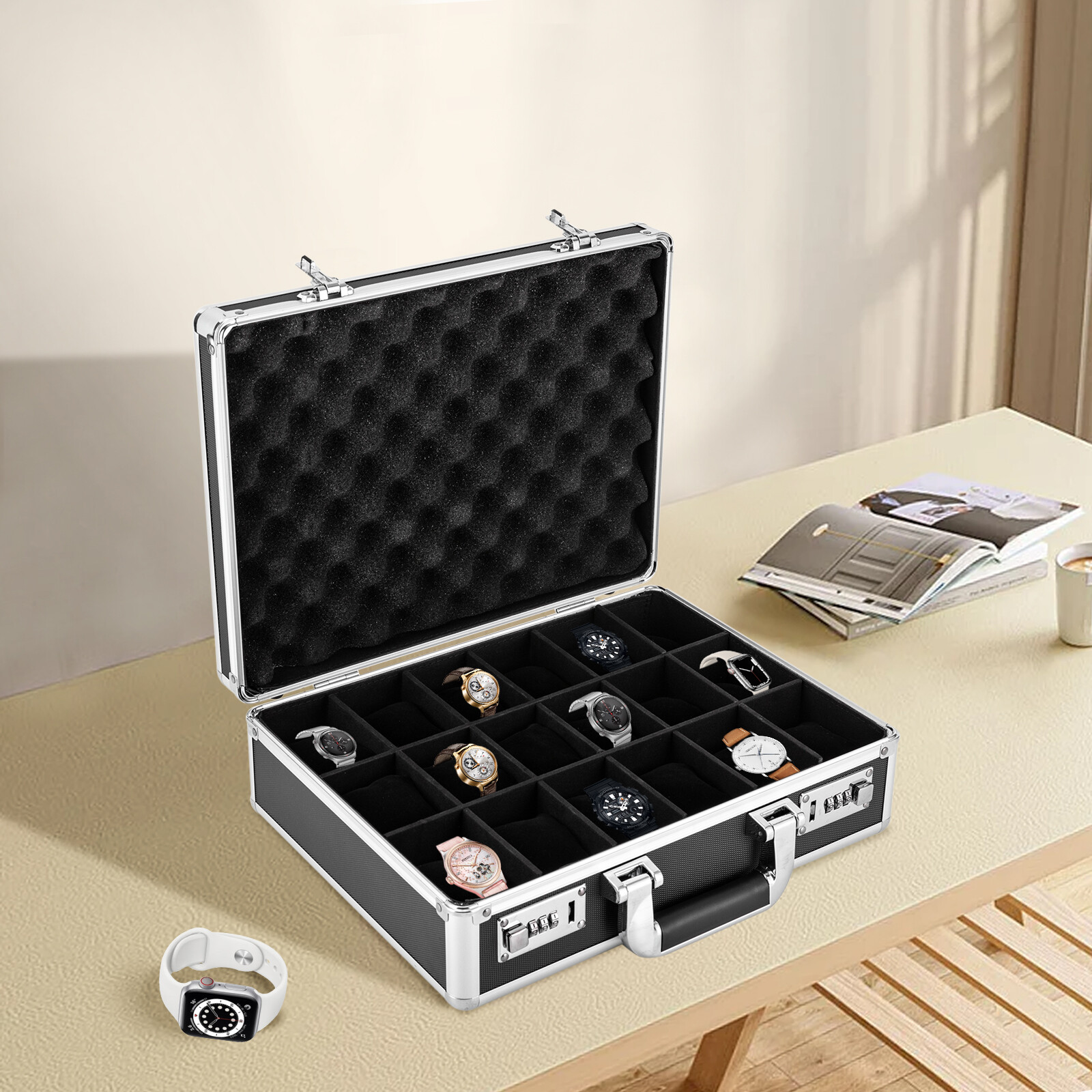18 Slots Locking Display Storage Watch Box Briefcase Watches Collectors Black