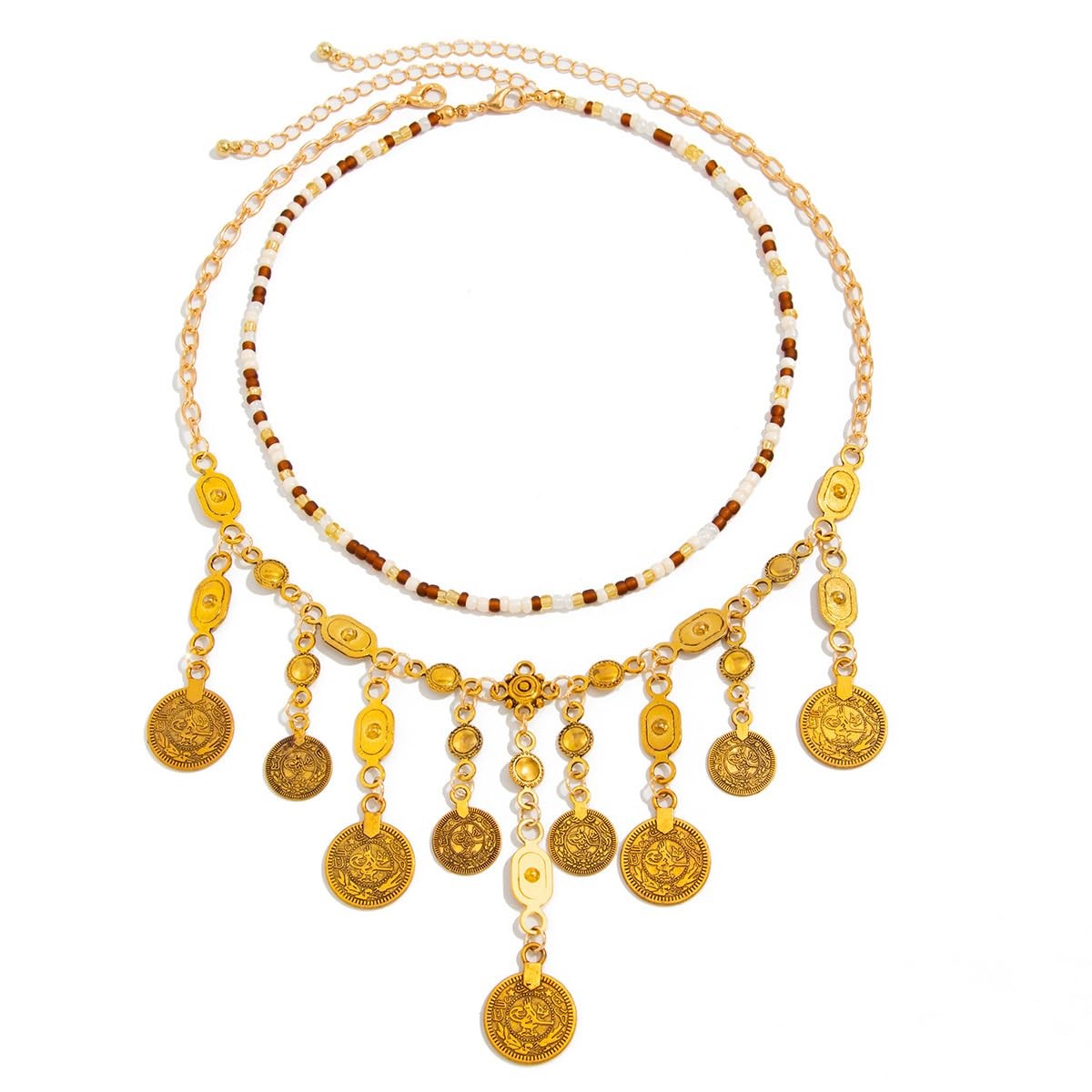 Layered Coin Pendant Necklace for Women, Gold Beaded Boho Statement Necklace,…