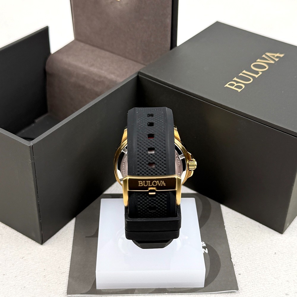 Bulova Men’s Marine Star Black Gold Dial Rubber Strap Automatic Watch 98A272