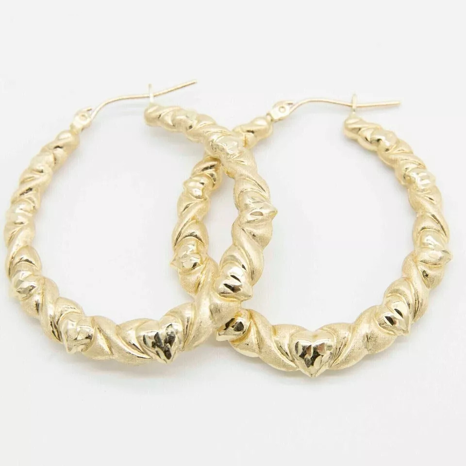 Plain Polished Twisted & Hearts 30mm Hoop Earrings in 14K Yellow Gold Plated