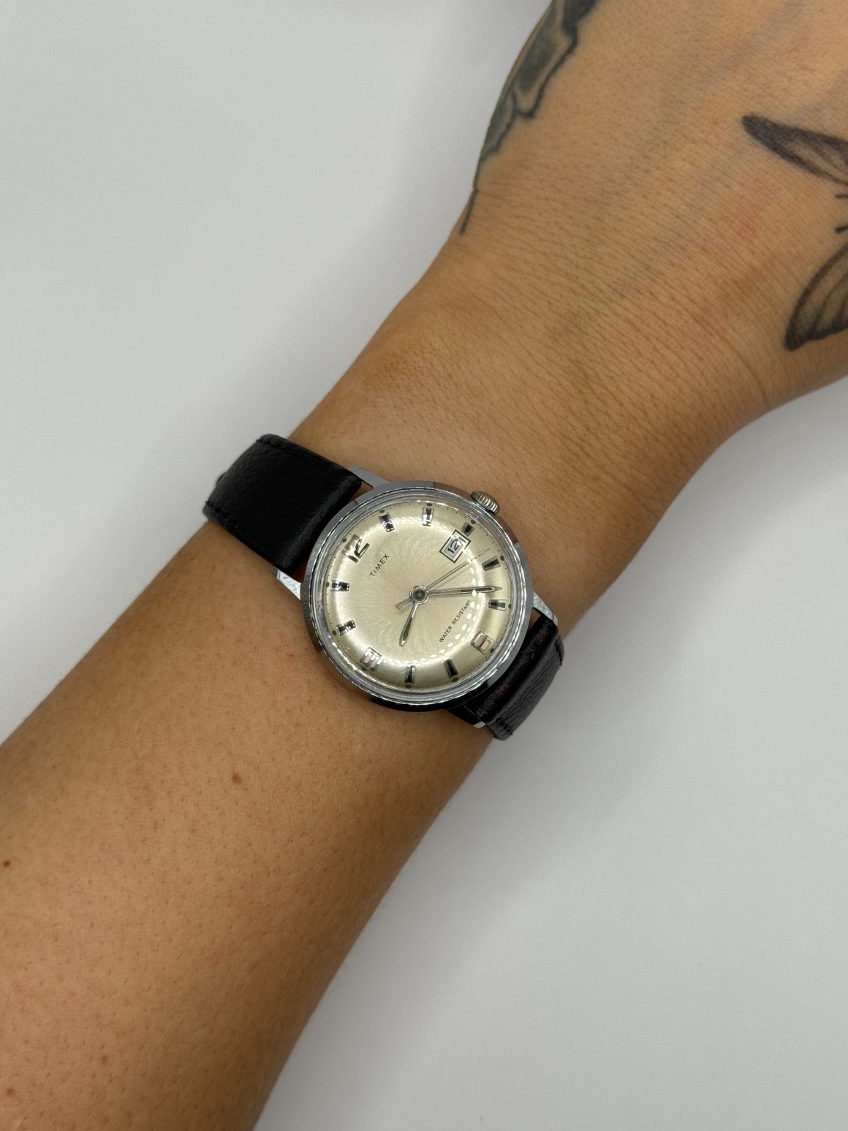 Vintage 1970 Timex Marlin Mechanical Silver Tone Black Leather Serviced