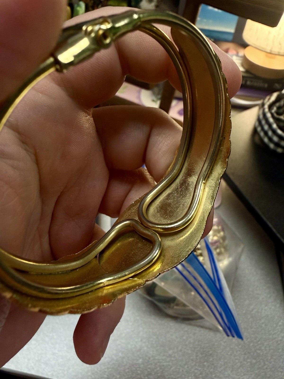 Vintage Cloisonné Gold Tone Floral & Butterfly Clamper Bracelet