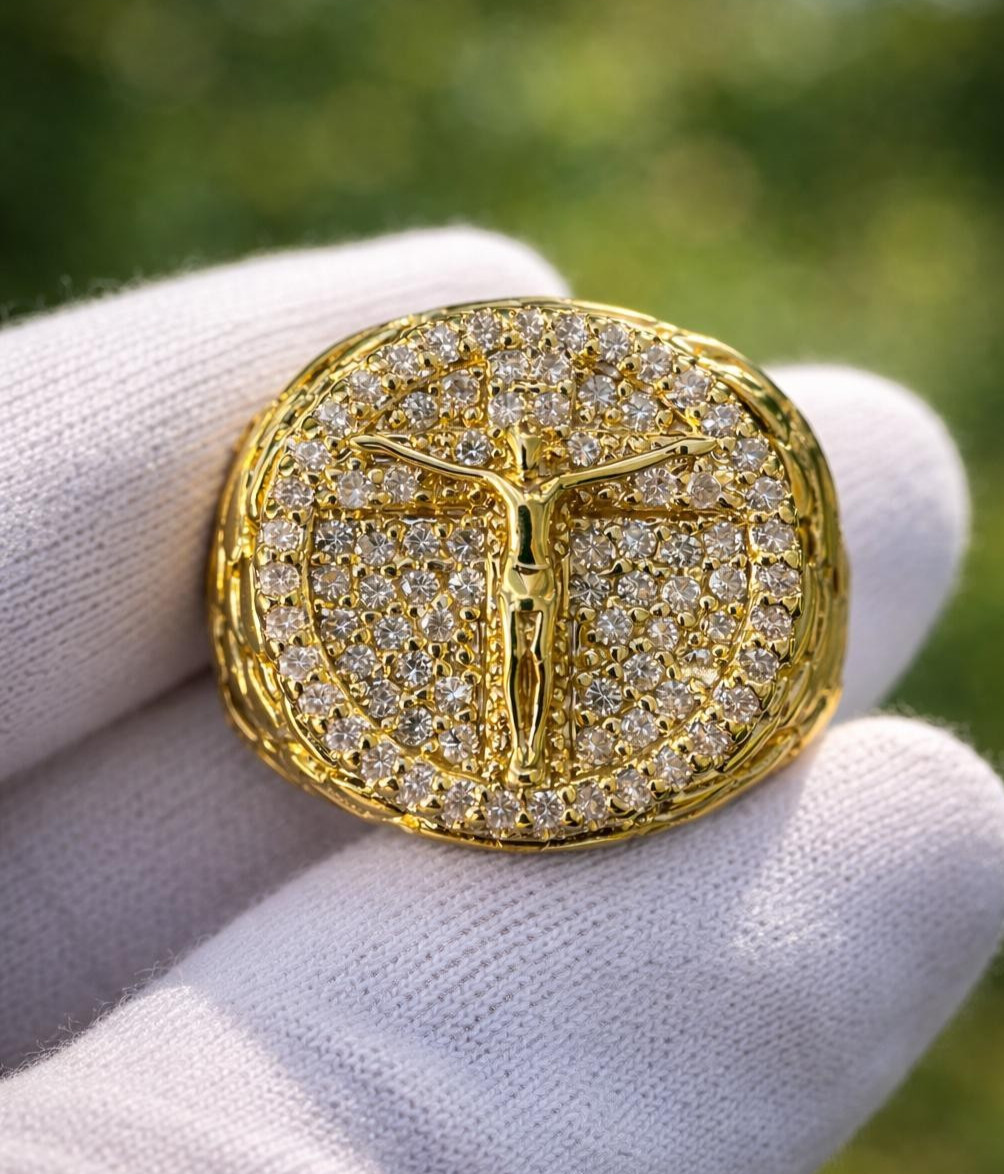 Italian 1/200 14k Yellow Gold Jesus Crucifix Iced CZ Nugget Ring Men Women