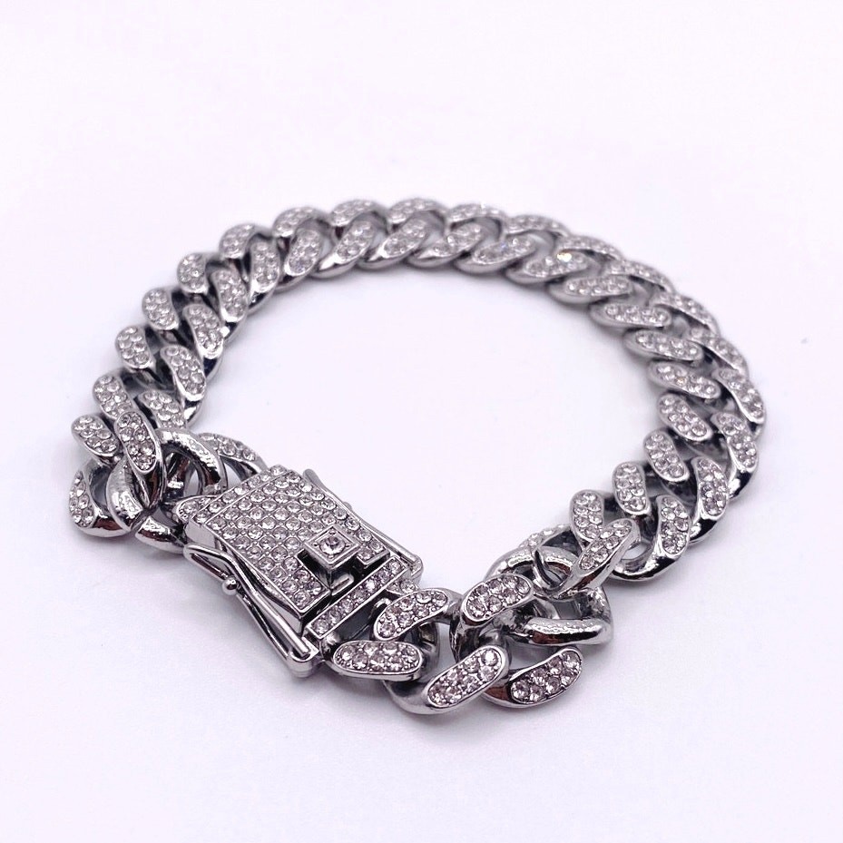 Silver Tone Cuban Link Full Rhinestones Pave Alloy Bracelet
