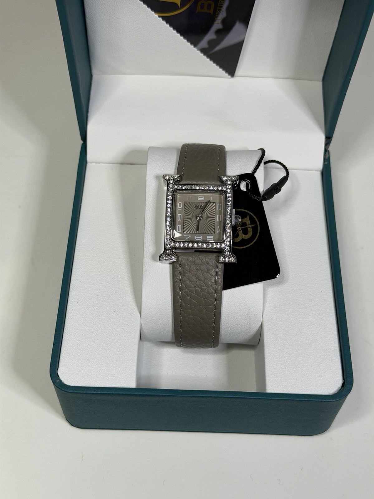 Bibi Luxury Watch Women’s Silver H Inspired Crystal Set Bezel Grey Leather NEW