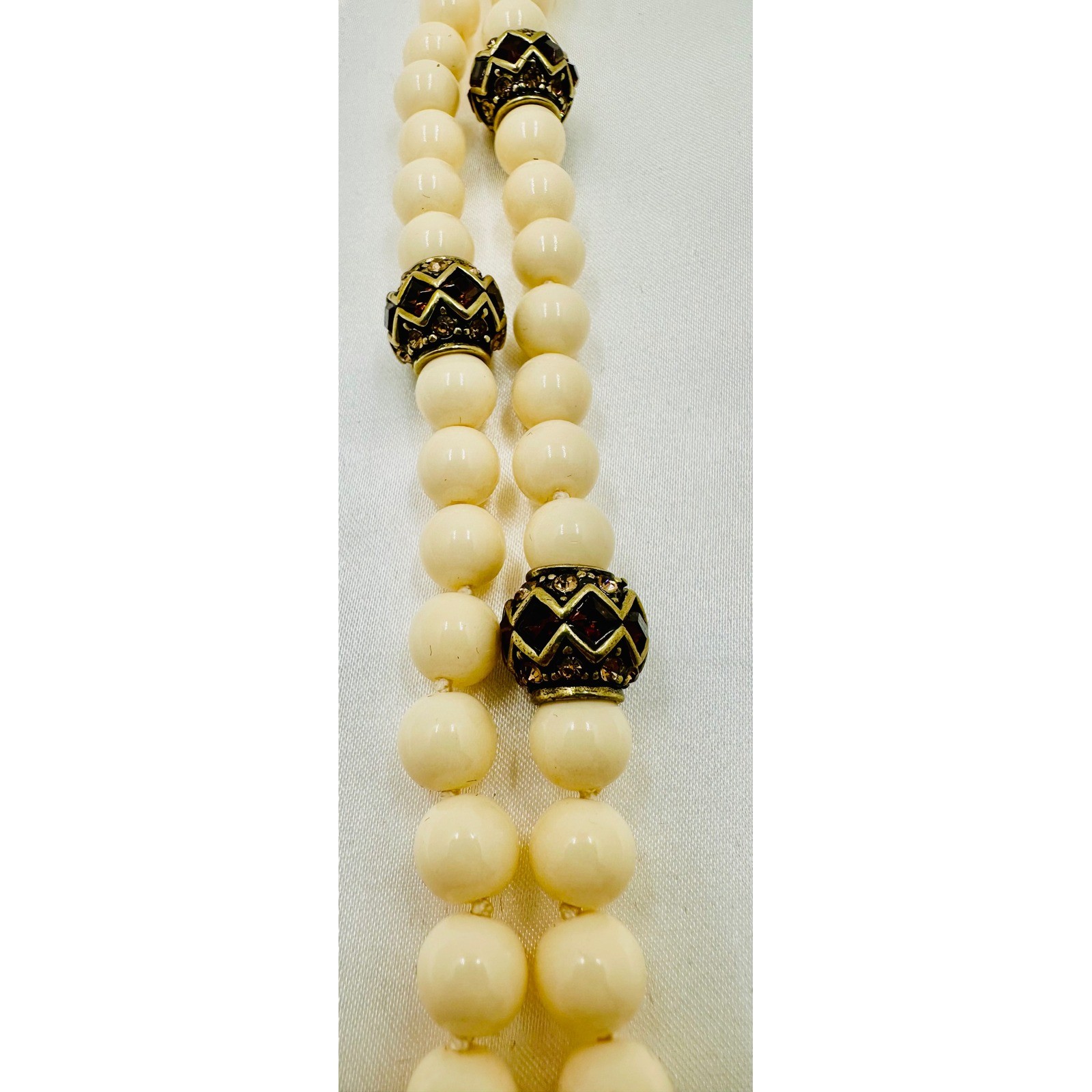 Heidi Daus Cream Faux Pearl Double Strand Bracelet Bronzetone Crystal Clasp 8in