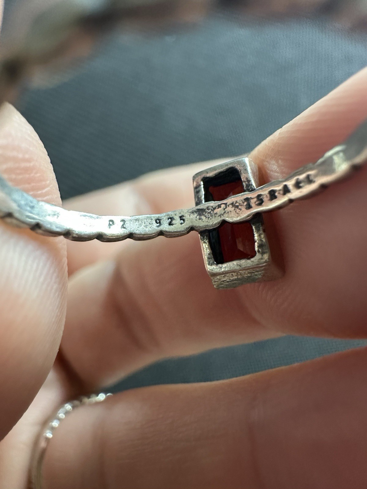 PZ Signed Or Paz Sterling Silver 925 Israel Red Garnet Ring, Size 7.5