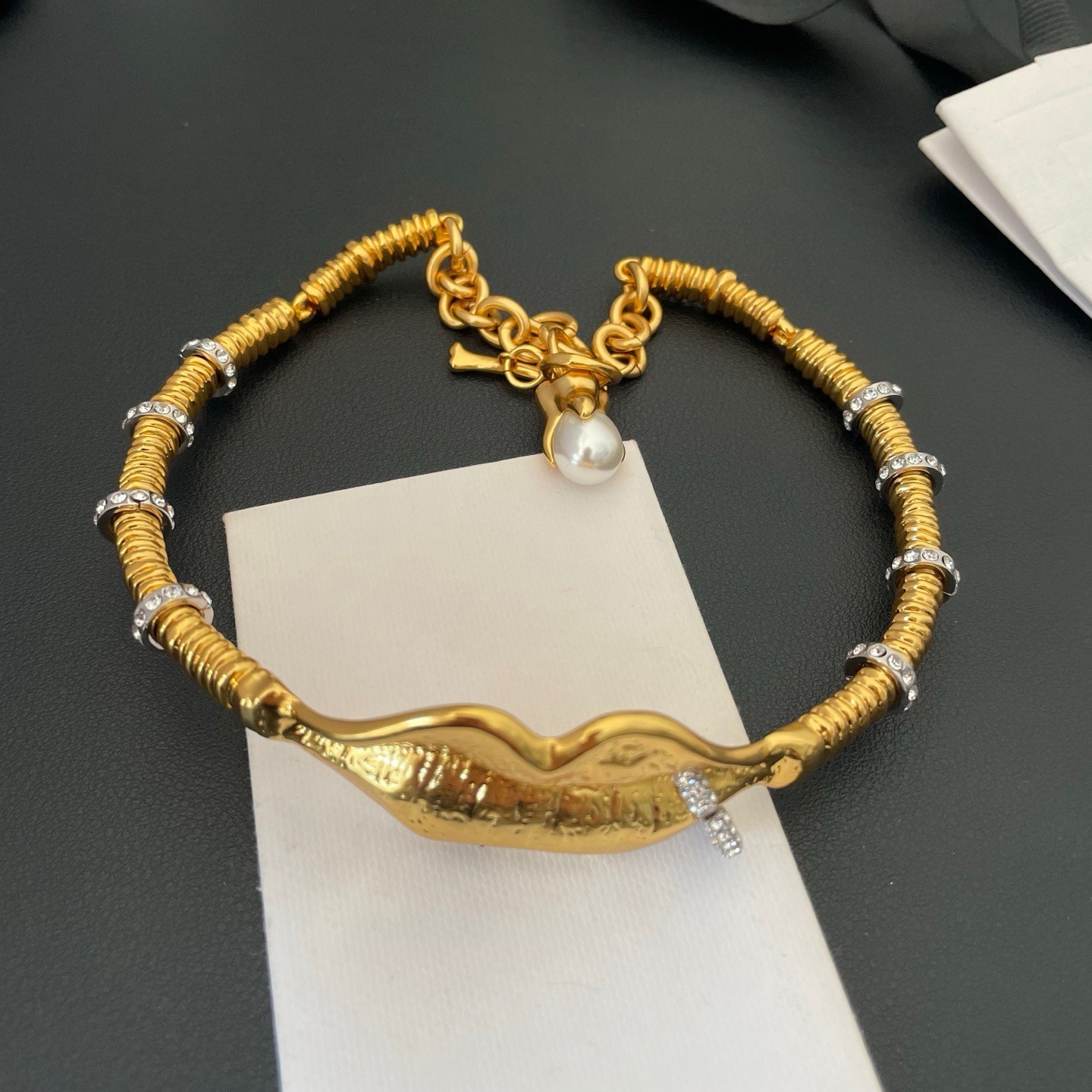 Schiaparelli Ribbed Coil Lip Crystal Ring Gold Torque Choker
