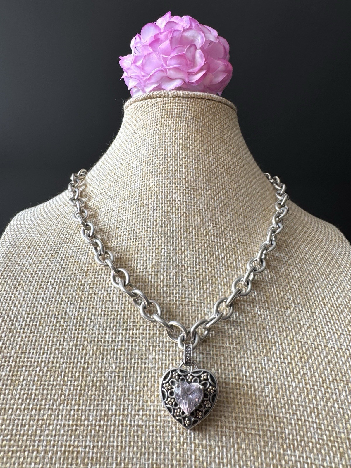 Sadye L. Vassil 14k Gold & 925 Sterling Pink Heart Topaz Toggle Necklace 59grams