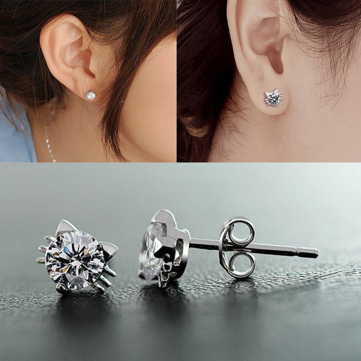 Cat Earrings Solitaire Pierced Stud Kitty Head Whiskers Silver Cubic Zirconia