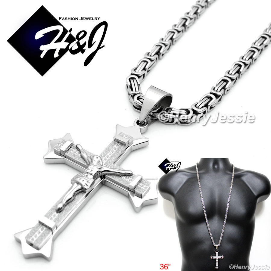 36″MEN Stainless Steel 6mm Silver Byzantine Box Chain Necklace Cross Pendant*J28