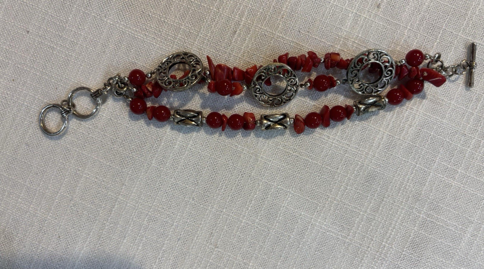 Red Chip Stone Beaded Necklace & Bracelet Set, Adjustable, Silver Tone