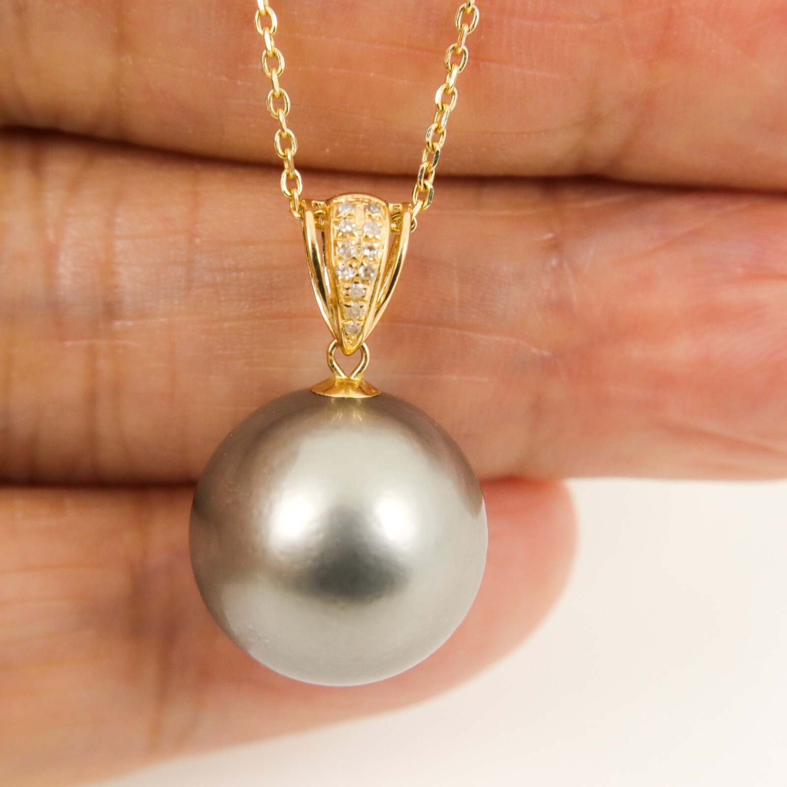 Massive 14.2mm Genuine Tahitian Pearl Pendant, 18K Solid Gold, Diamonds #P6231