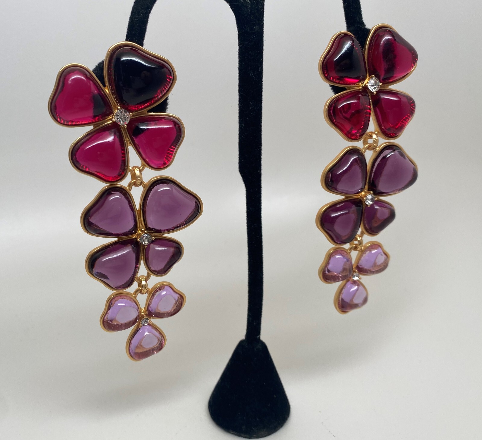 Vibrant Red, Purple & Pink Glass Cabochon Gold Plated Clip on Long Earrings