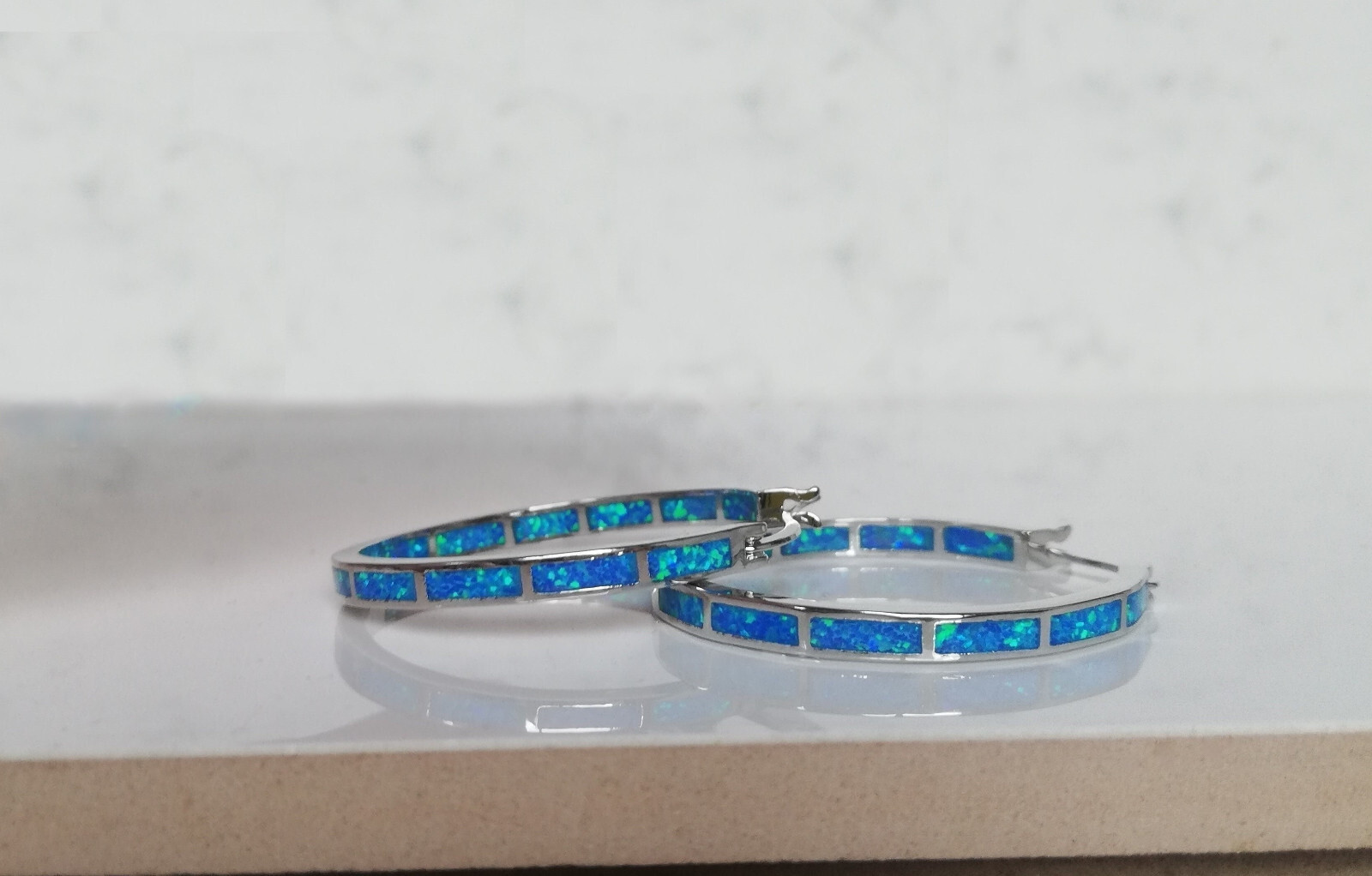 Blue Opal Hoop Earrings Fire Opal Huggies Opal Hoops Silver Stainless Steel Both Sided New