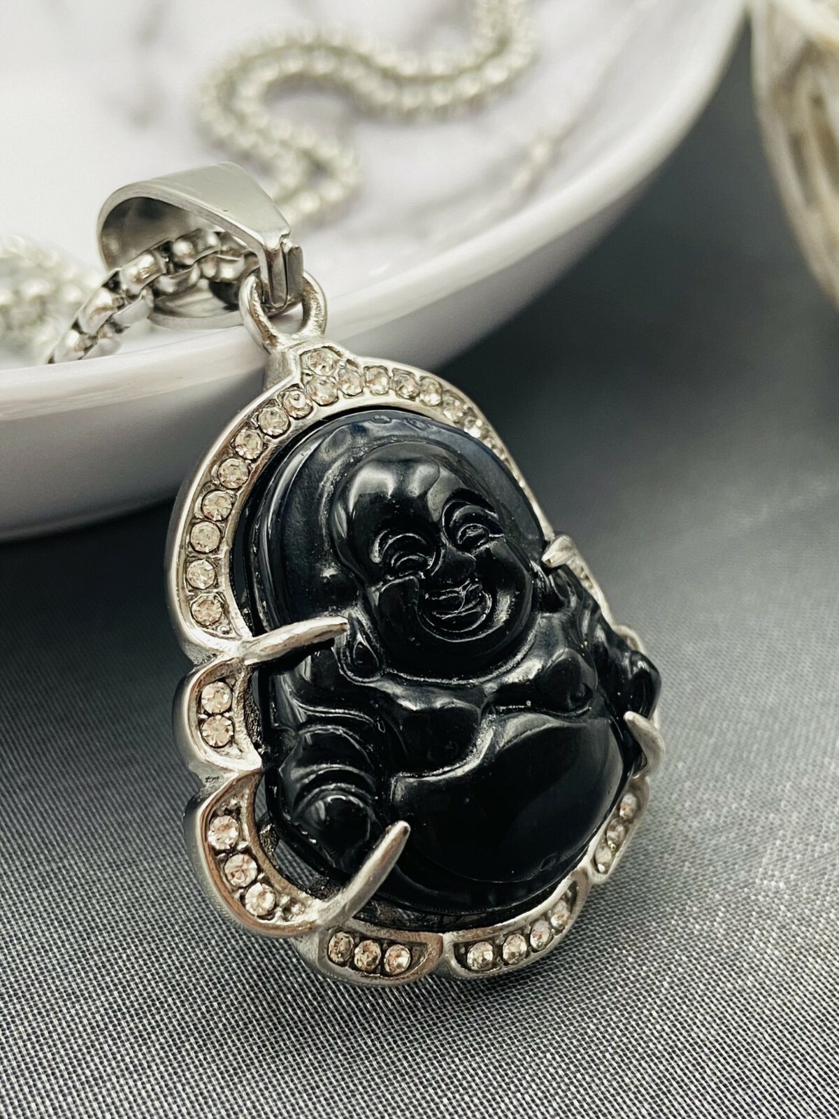 Jade Buddha Pendant Necklace 18K White Gold Plated Crystal Charm Hip Hop Chain