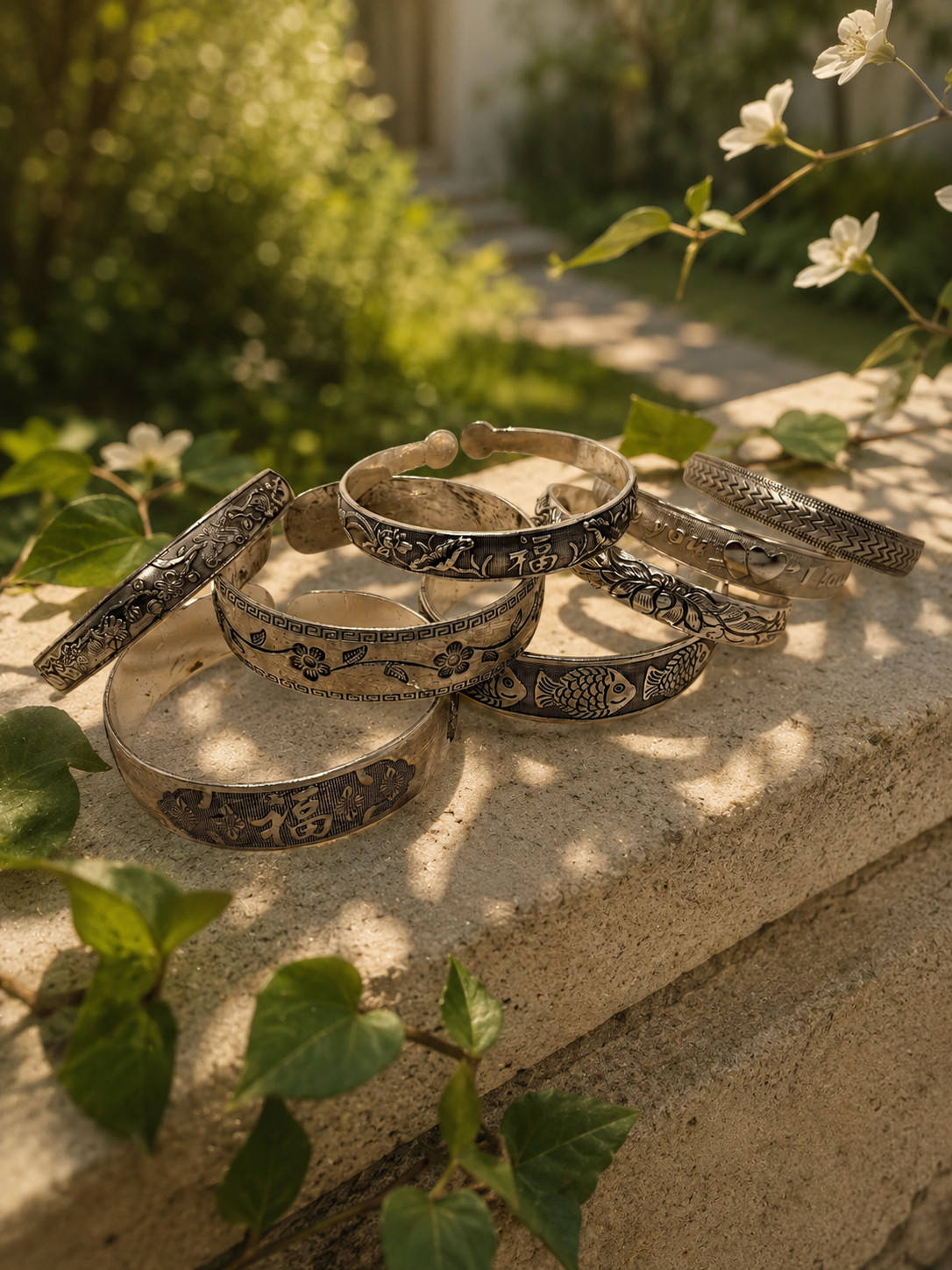 Tibetan Silver Open Cuff Bangle Bracelet Set Engraved Boho Women 10 pc