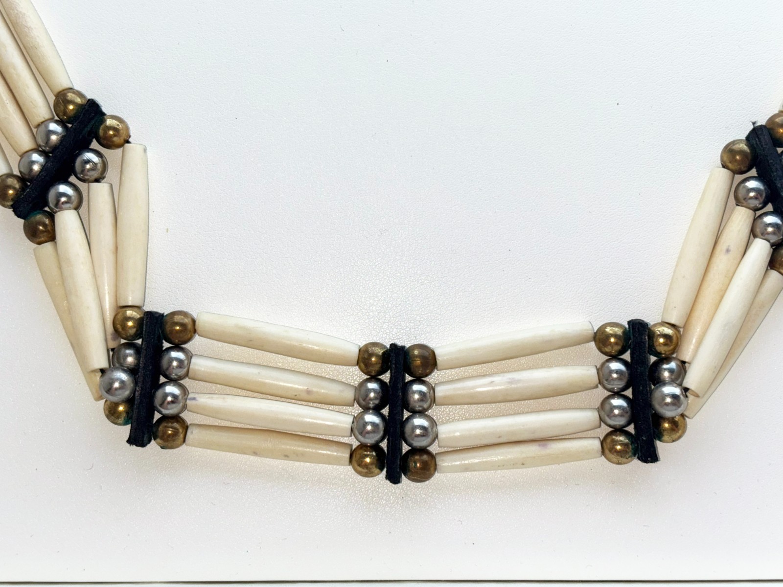 Authentic Vintage Buffalo Bone Choker Necklace with Leather and Beads, 4-strand