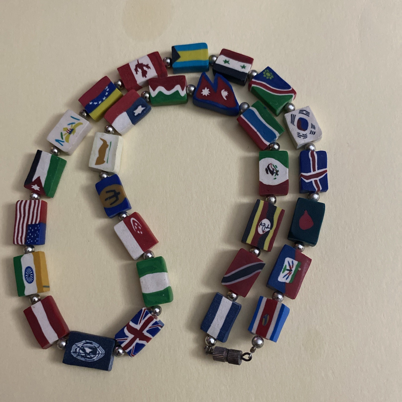 Flags of the World 29 Country Necklace, Silver Tone Beads,29 Different Flags,22”