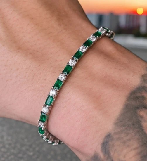 12Ct Emerald Cut Lab Created Diamond Men’s Tennis Bracelet 14K White Gold Plated