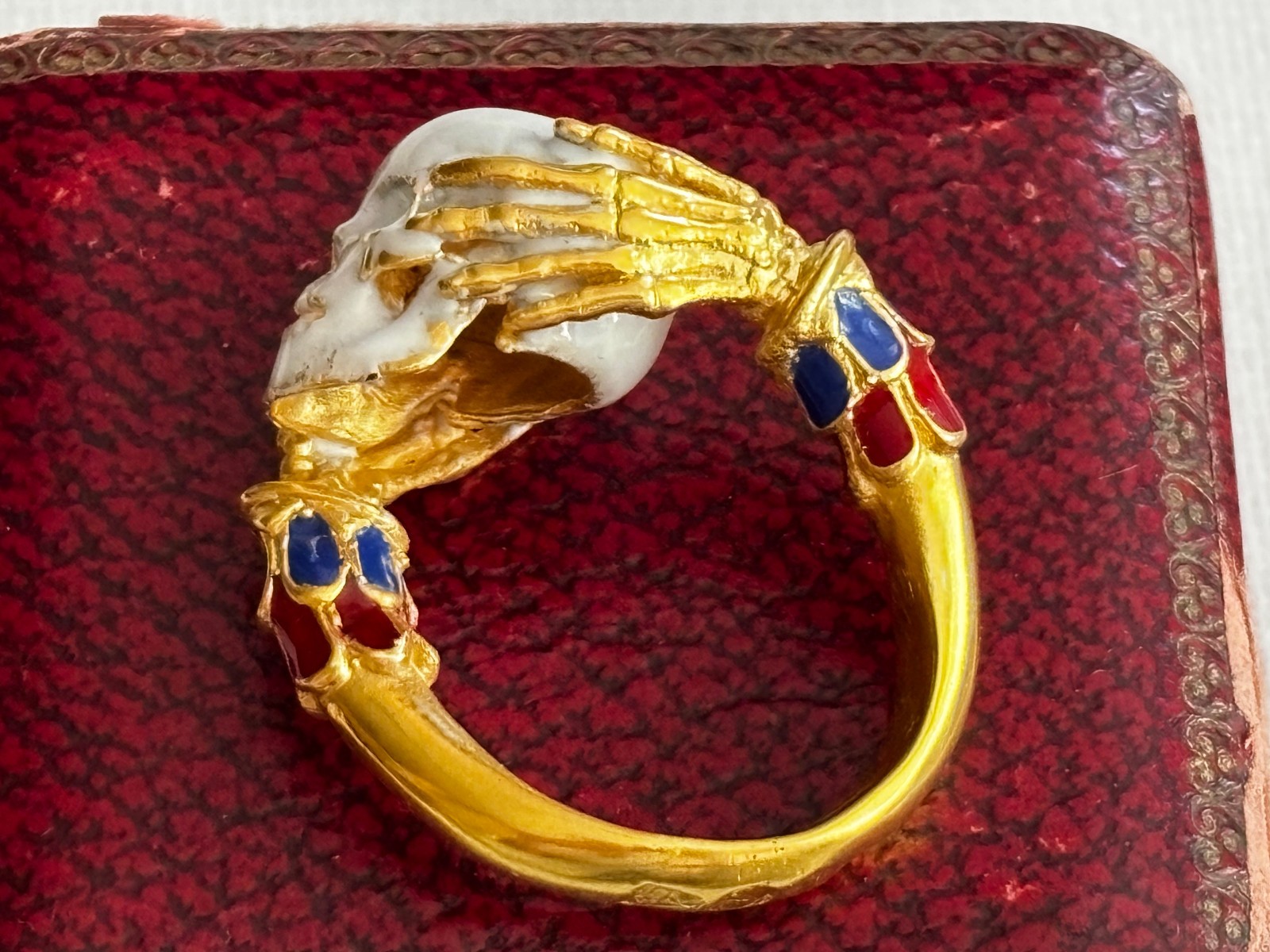 Antique French Imperial Era Memento Mori Skull Solid Silver Gild Enamel Ring