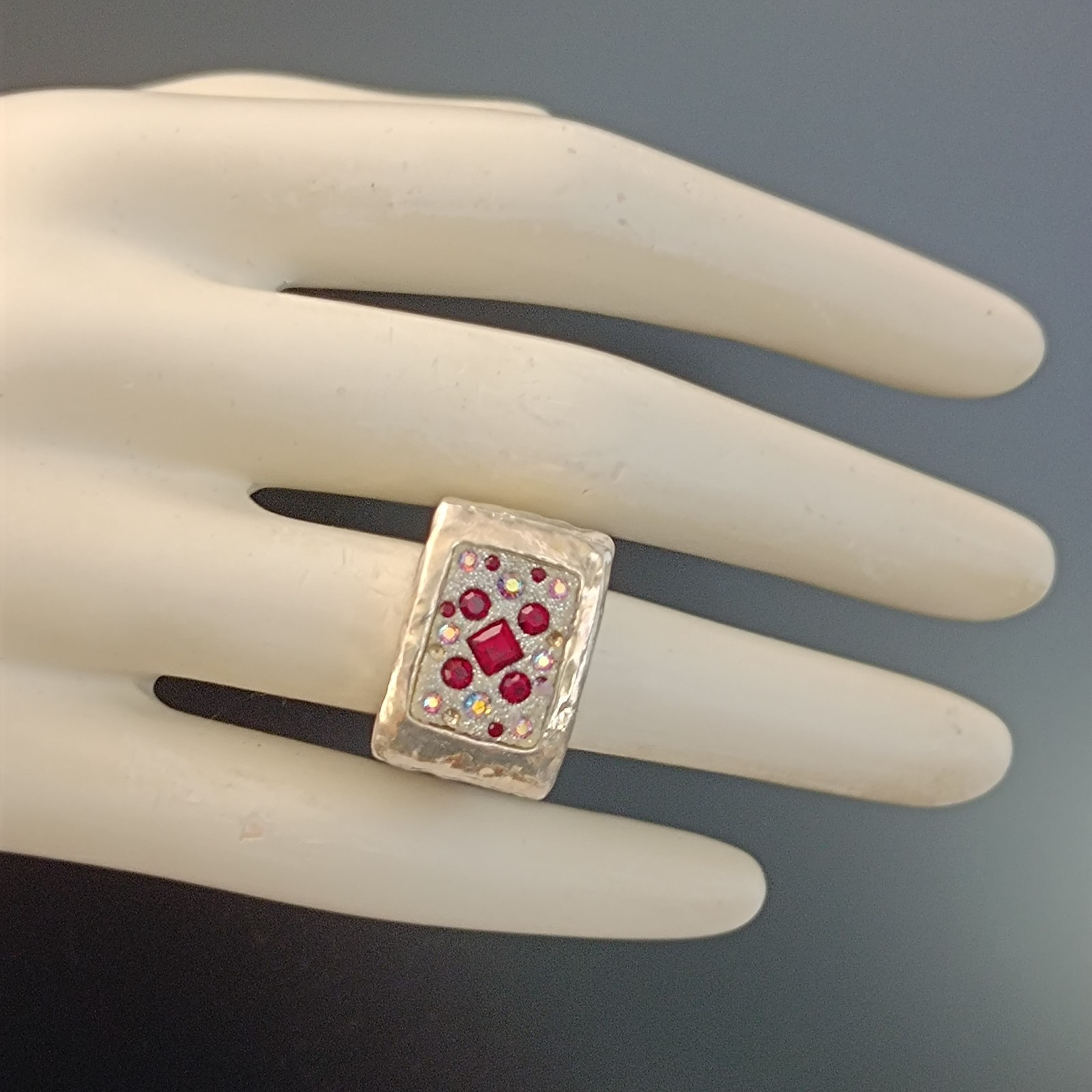Chunky Silver Statement Ring Hammered Puffy Dramatic Bold Red Orit Schatzman 925