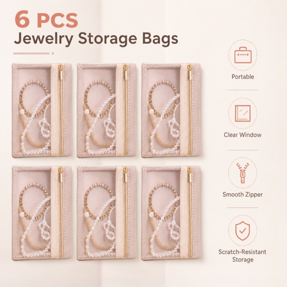 6-Pack Travel Jewelry Organizer Pouch Clear Velvet Bags Zipper Case for Jewelry