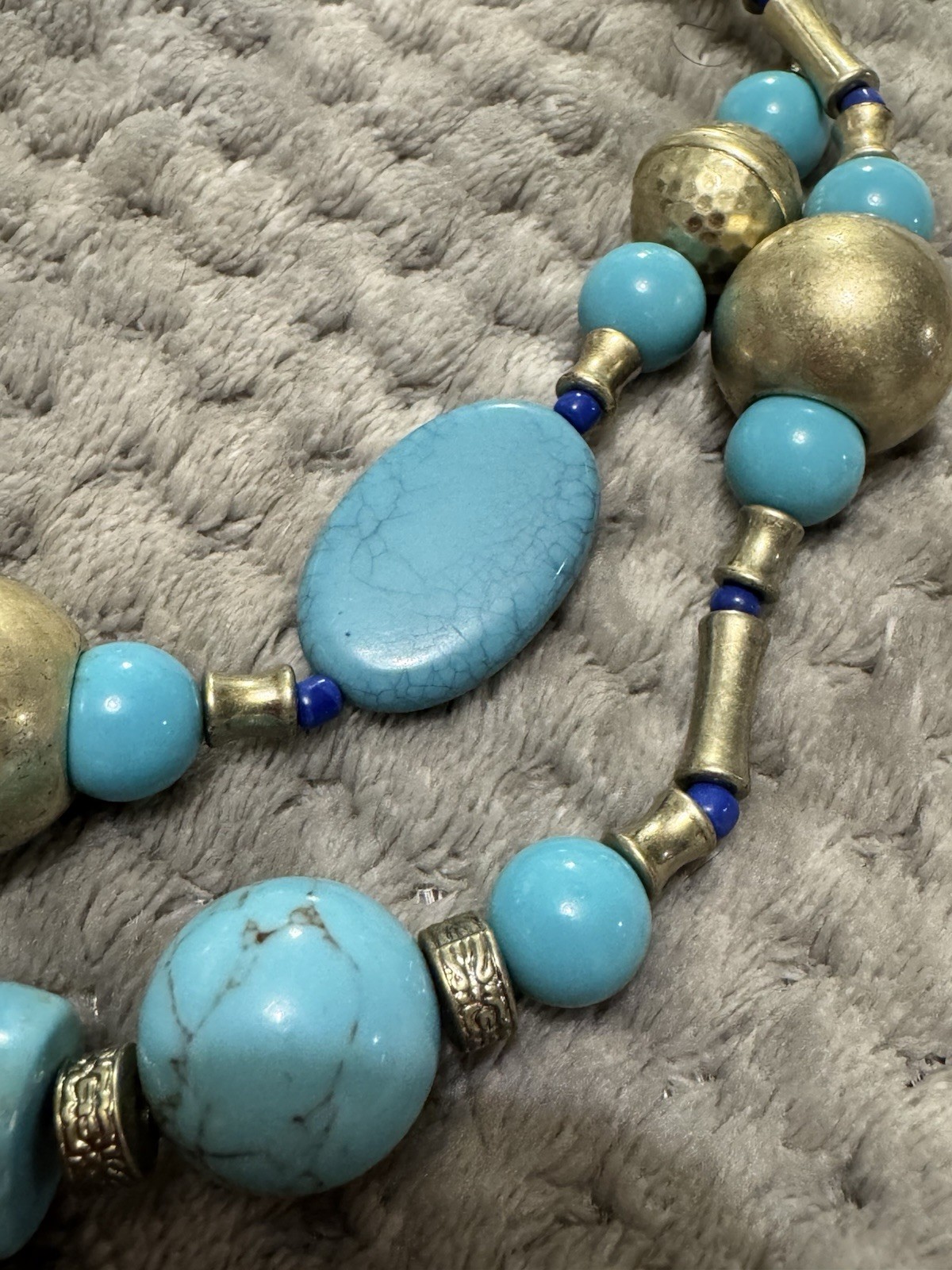 Chico’s Blue Turquoise Beaded Layered Statement Necklace Gold Tone Signed