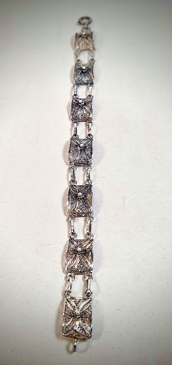 Topazio Portugal Link Articulated Filigree 925 Sterling Silver Bracelet 7.25in