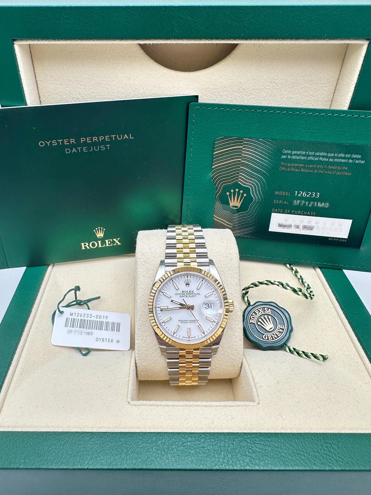 Rolex Datejust 36 126233 18K Fluted White Dial Jubilee Box Papers FULL STICKERS