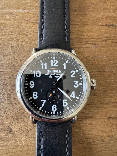 Shinola Runwell 41mm Quartz Watch Black Dial Black Leather Strap Argonite 1069