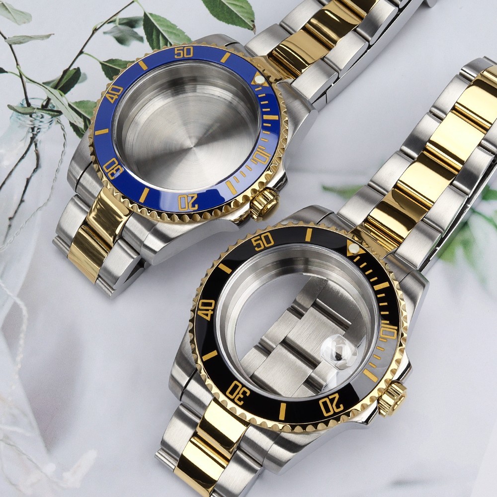 40mm SUB Watch Cases Bracelet Two Tone Gold Luminous Bezel For Janpan NH35 NH36