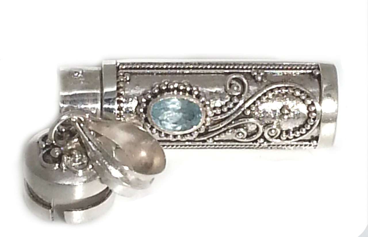 New Sterling Silver Cylinder Prayer Box Pendant with Blue Topaz 1 3/4 Inches