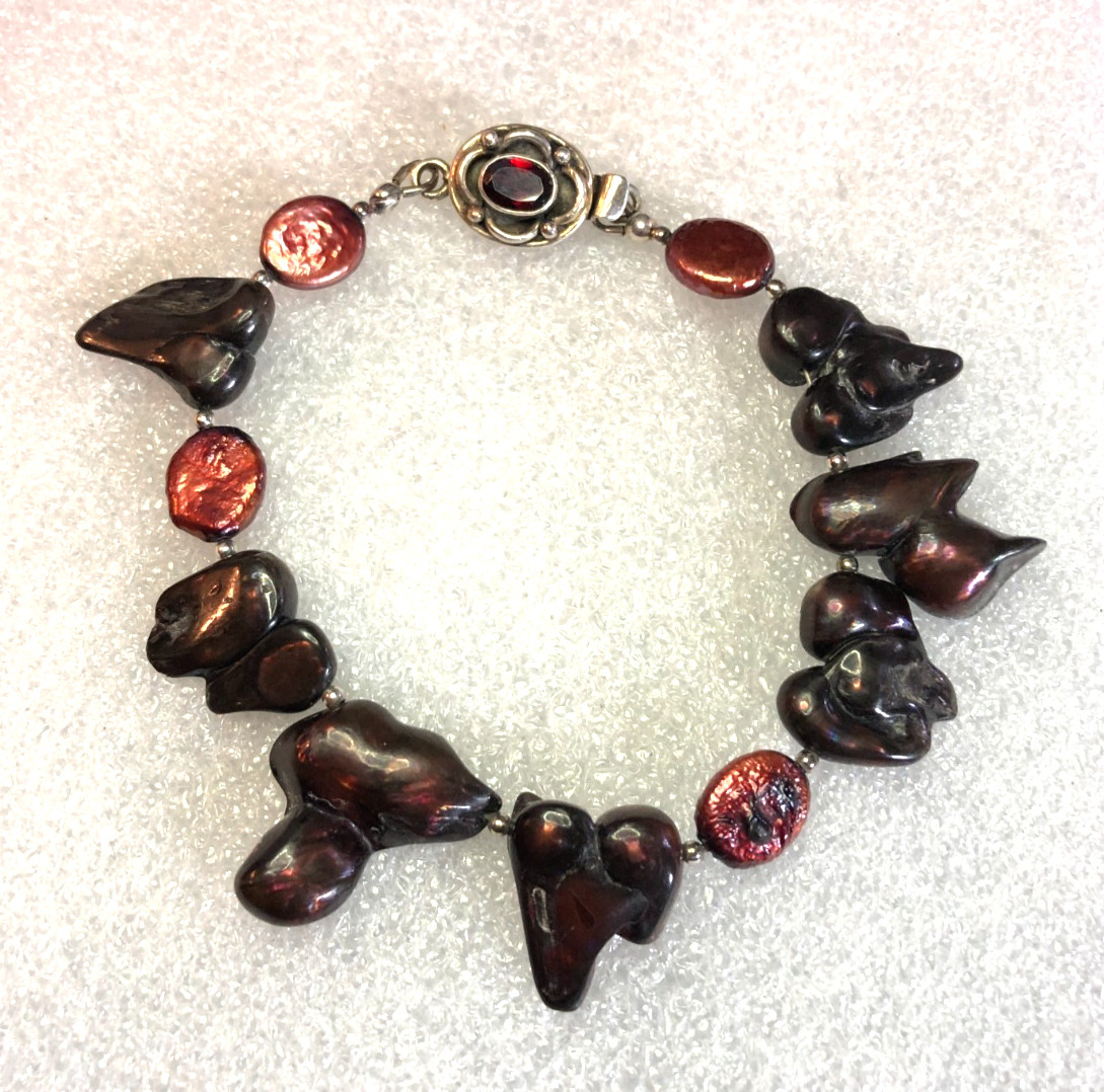 Sterling Silver FRESHWATER PEARL Bracelet RED BURGUNDY Garnet 925 7.5″ 3393