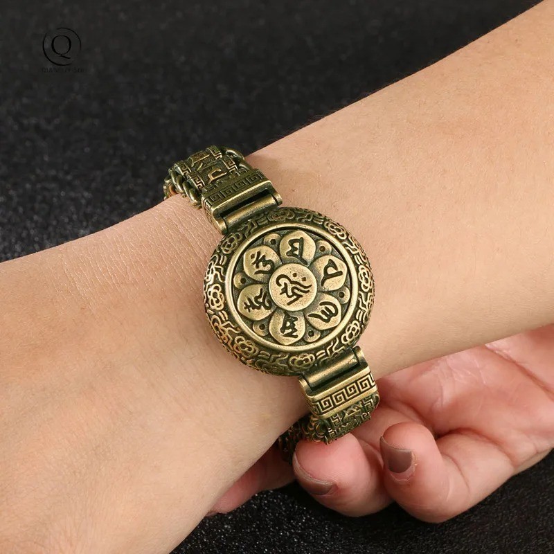 Pure Copper Buddhist Mantra Cuff Bangle Rotating Brass Lucky Bracelet Spiritual