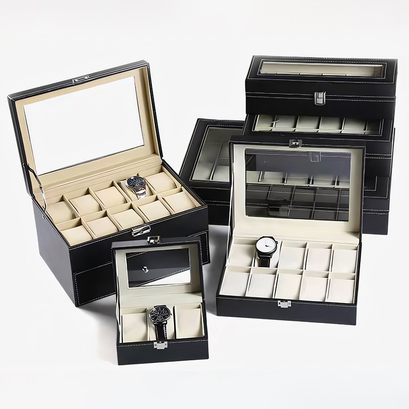 Mens Watch Box Display Case Storage Organiser PU Leather Holder Glass Top Gift