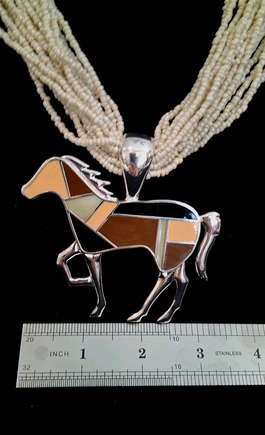 Native Amer. Multicolor Inlay Enamel Horse Pendant On A Multistrand Beaded Chain