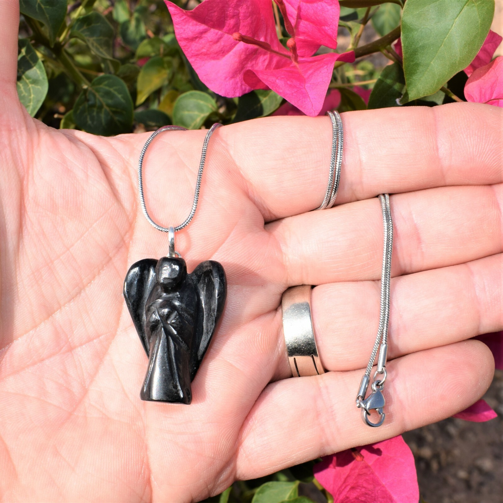 CHARGED Black Tourmaline Crystal Angel Pendant + 20″ Stainless Steel Chain