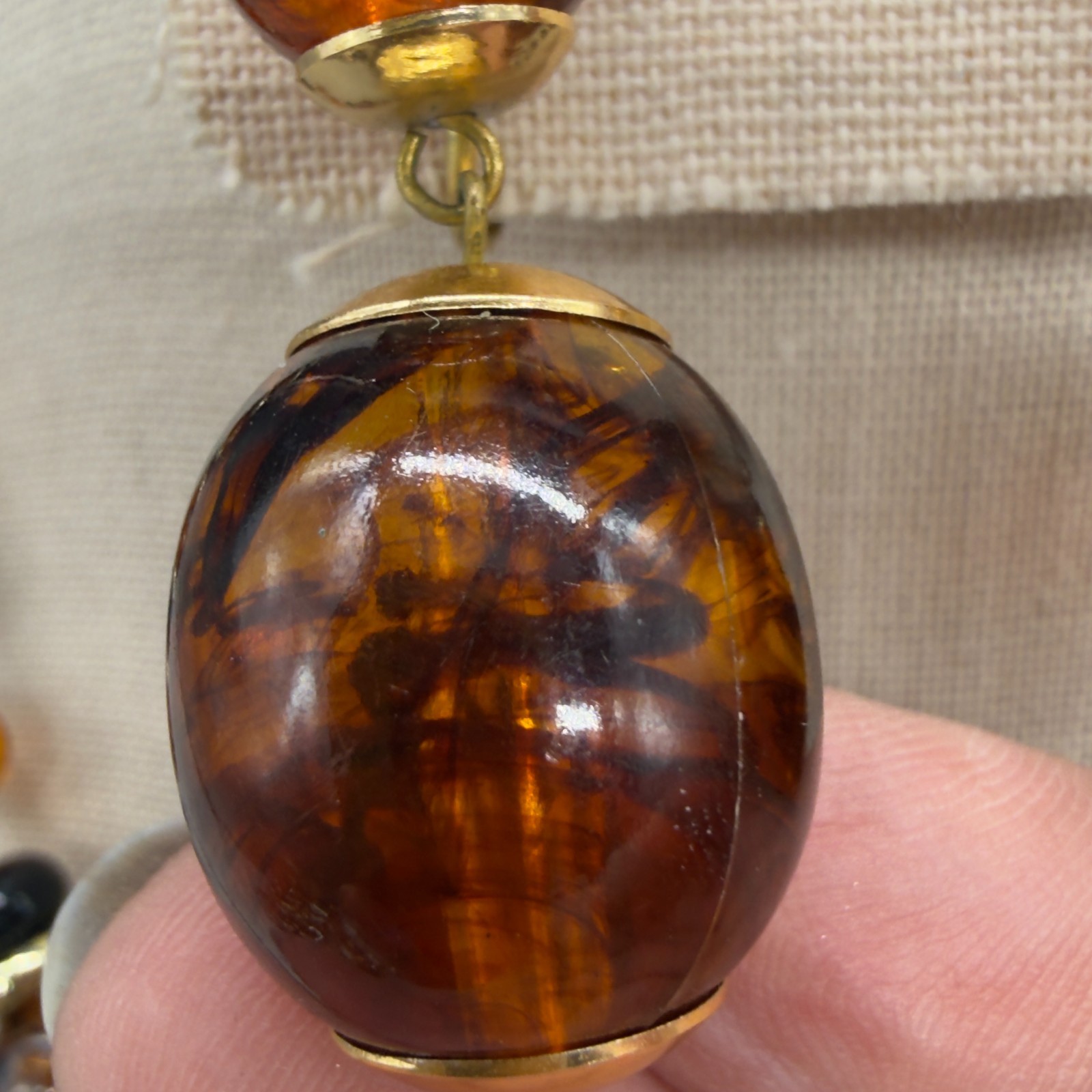 Vintage Lucite Necklace Earrings Jewelry Set Clip Ons Orange Brown Swirl Beaded