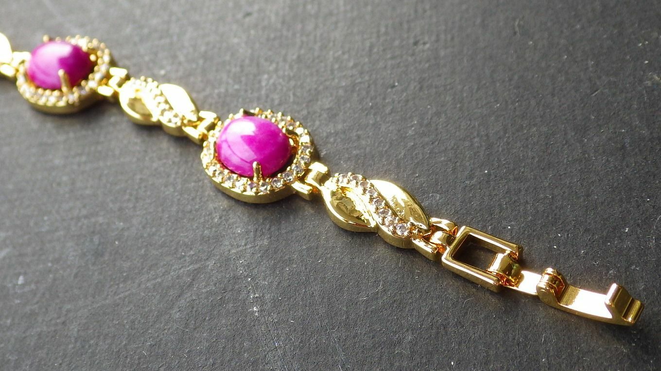 Gold Plate Lavender JADE Cabochon Beads Bangle Bracelet Diamond Imitation 101056
