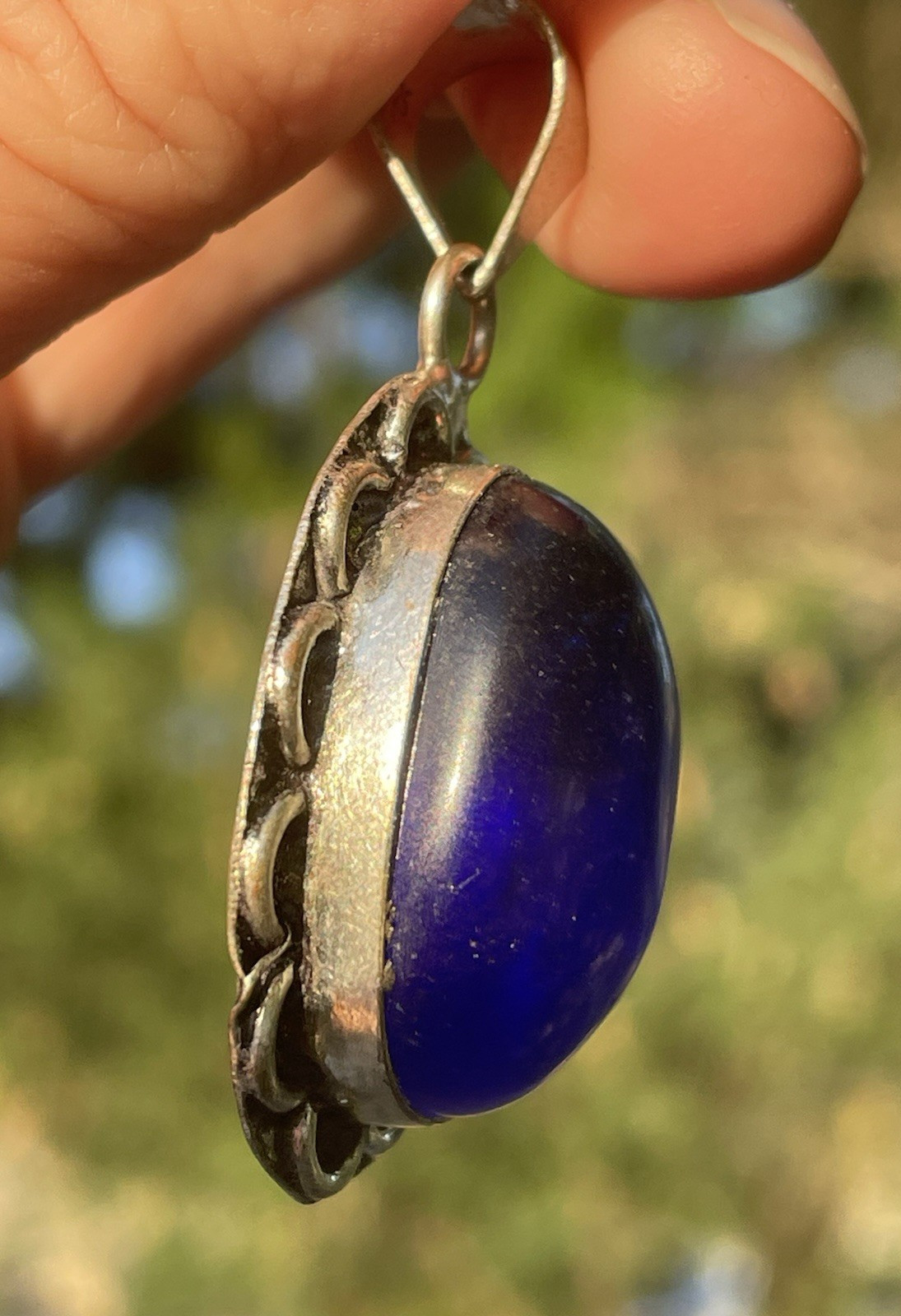 Sterling Silver 925 Cobalt Blue Glass? Cabochon Oval Pendant Vintage Style Boho
