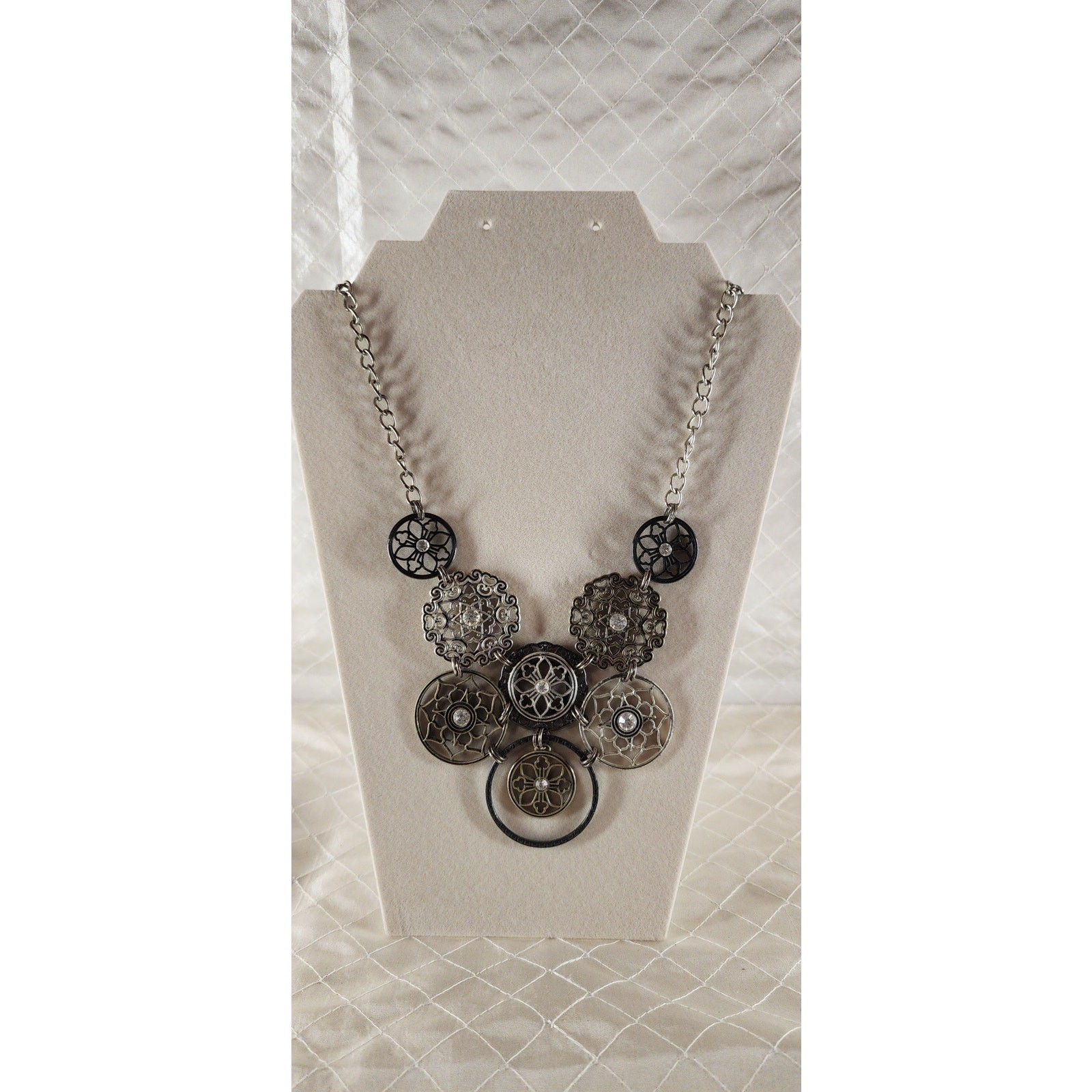 Signed Premier Designs Mixed Metal Filigree Statement Bib Necklace Rhinestone