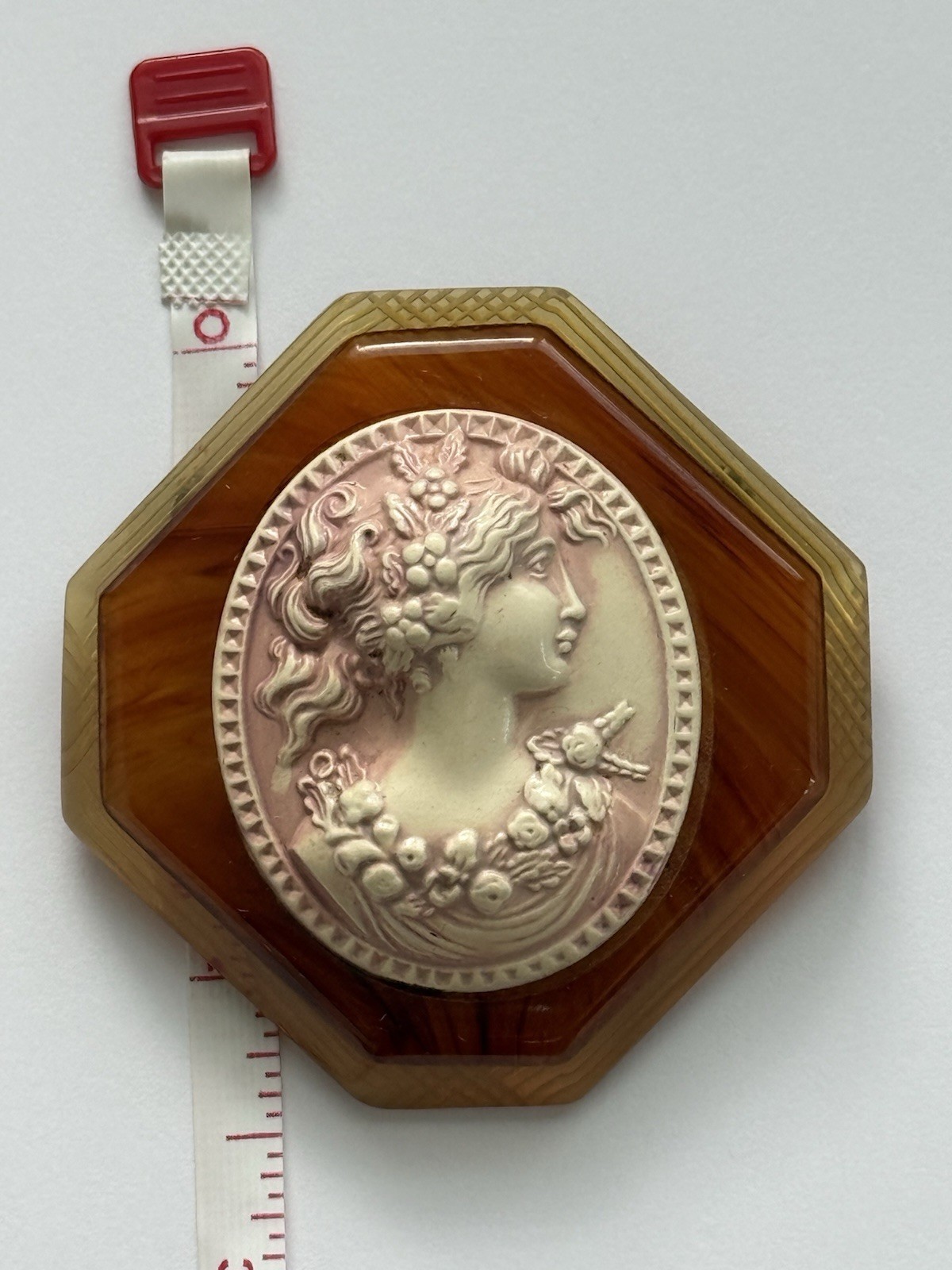 Vintage Art Deco Cameo Brooch Molded Celluloid Portrait on Hexagonal Bakelite